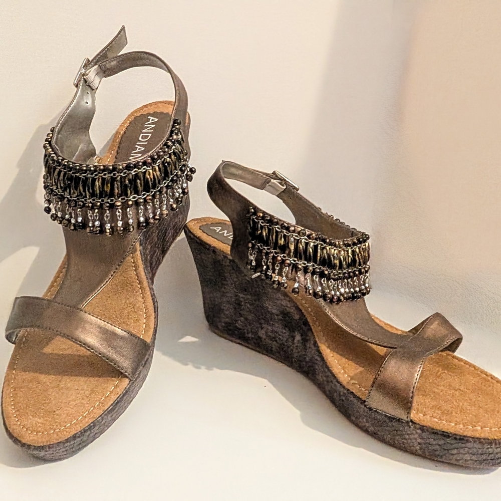 Bronze Wedge Sandals with Beaded Fringe